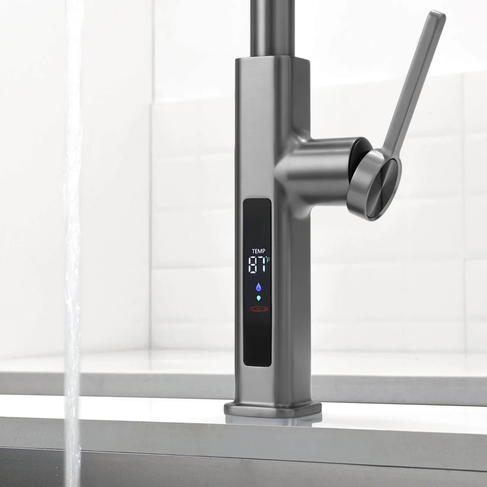 Recertified - Lefton Waterfall & Pull - Out Kitchen Faucet with Temperature Display - KF2209 - US - Kitchen Faucets - Lefton Home