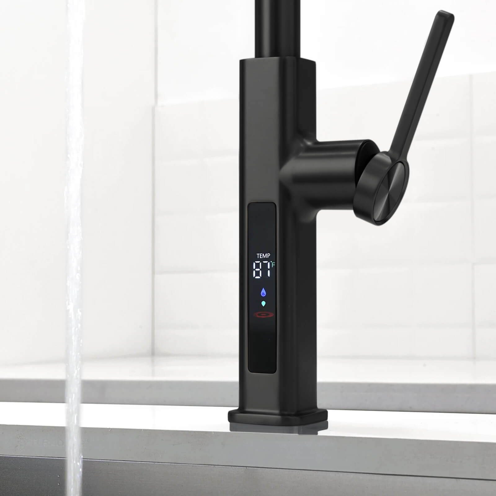 Recertified - Lefton Waterfall & Pull - Out Kitchen Faucet with Temperature Display - KF2209 - US - Kitchen Faucets - Lefton Home