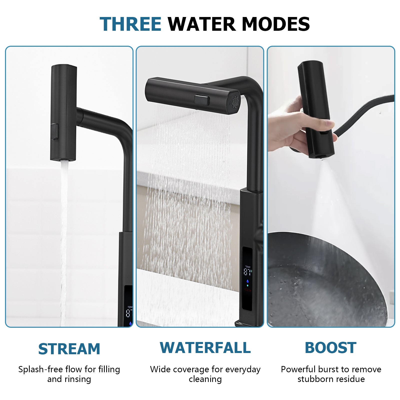 Lefton Waterfall & Pull - Out Kitchen Faucet with Temperature Display - KF2209 - Kitchen Faucets - Lefton Home