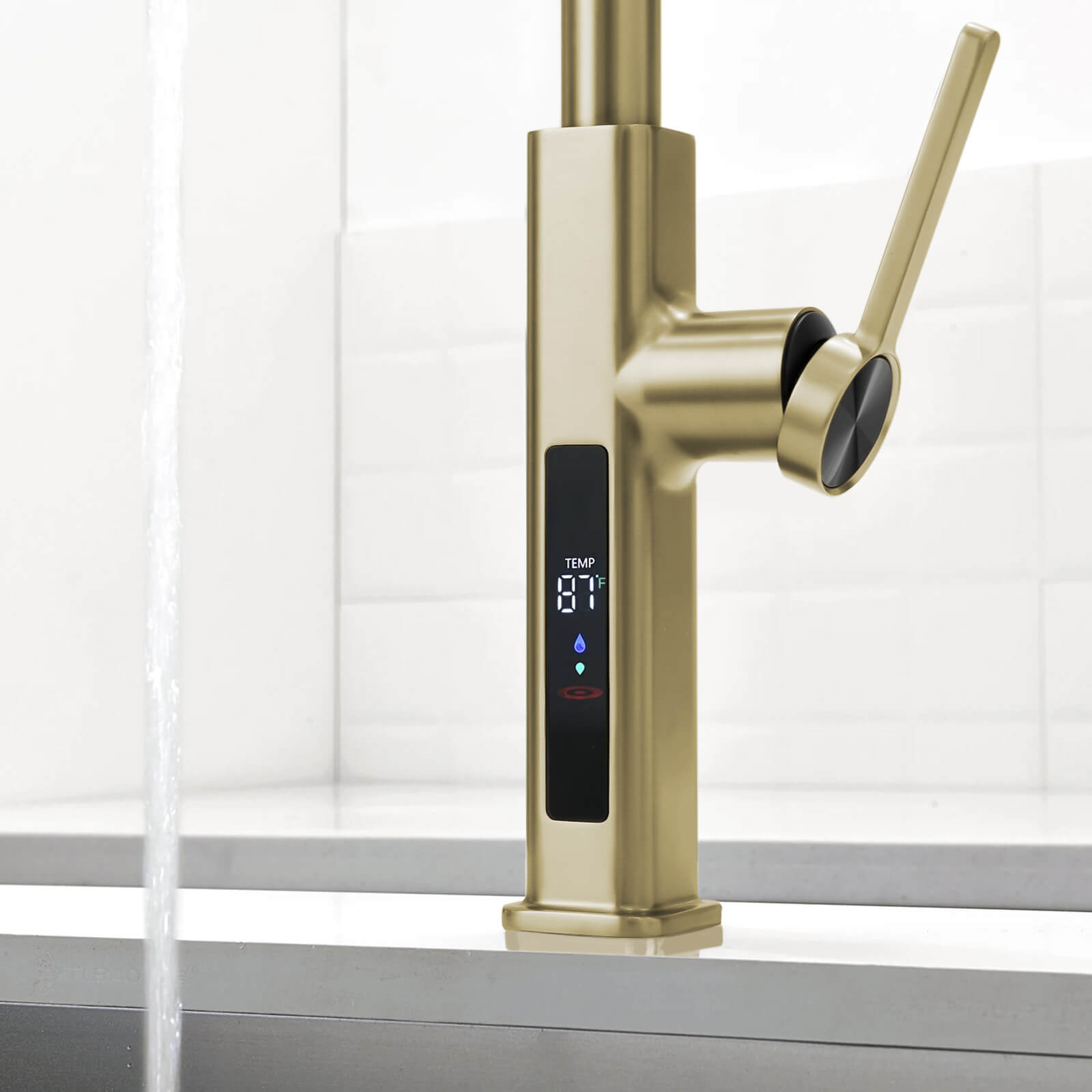 Recertified - Lefton Waterfall & Pull - Out Kitchen Faucet with Temperature Display - KF2209 - US - Kitchen Faucets - Lefton Home