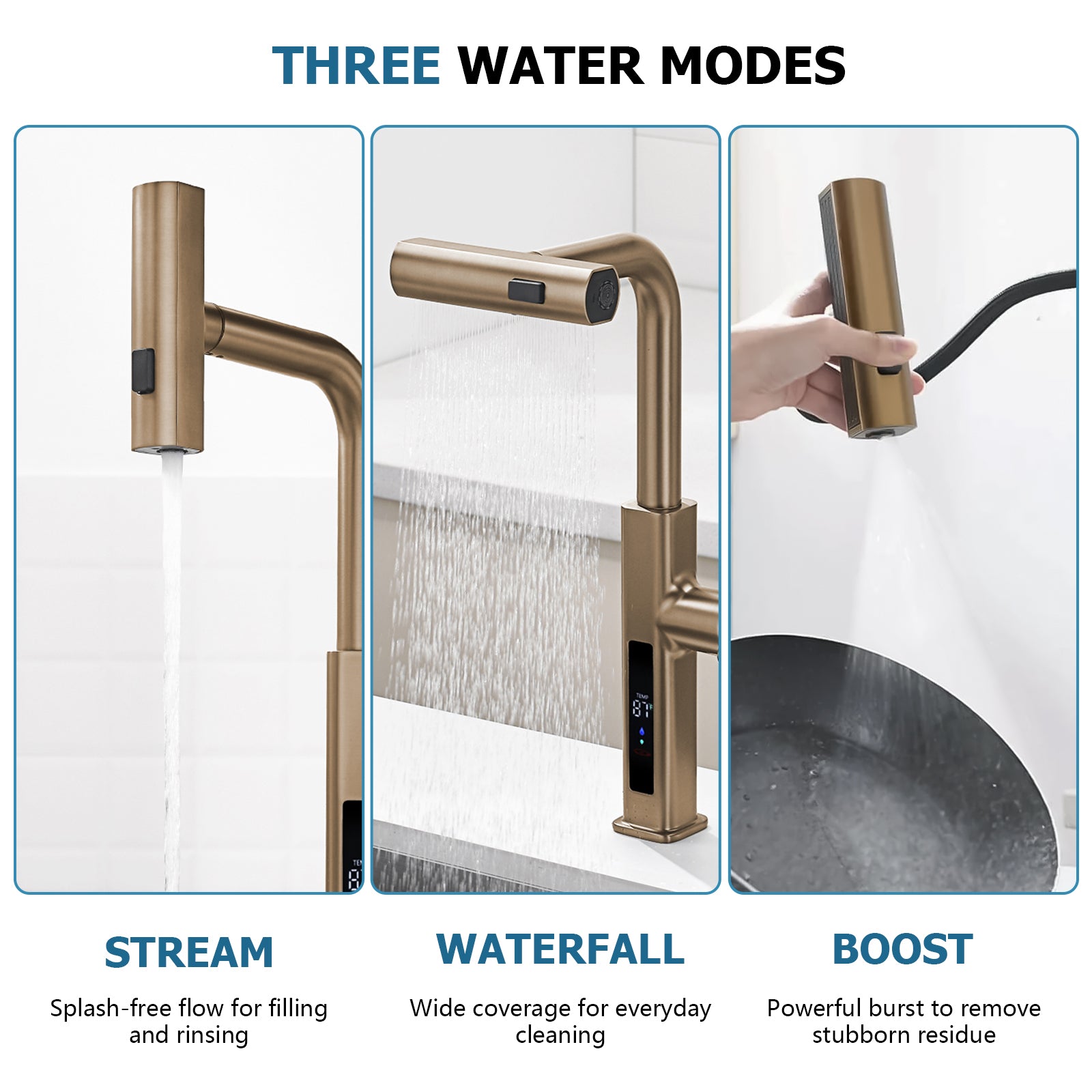 Lefton Waterfall & Pull - Out Kitchen Faucet with Temperature Display - KF2209 - Kitchen Faucets - Lefton Home