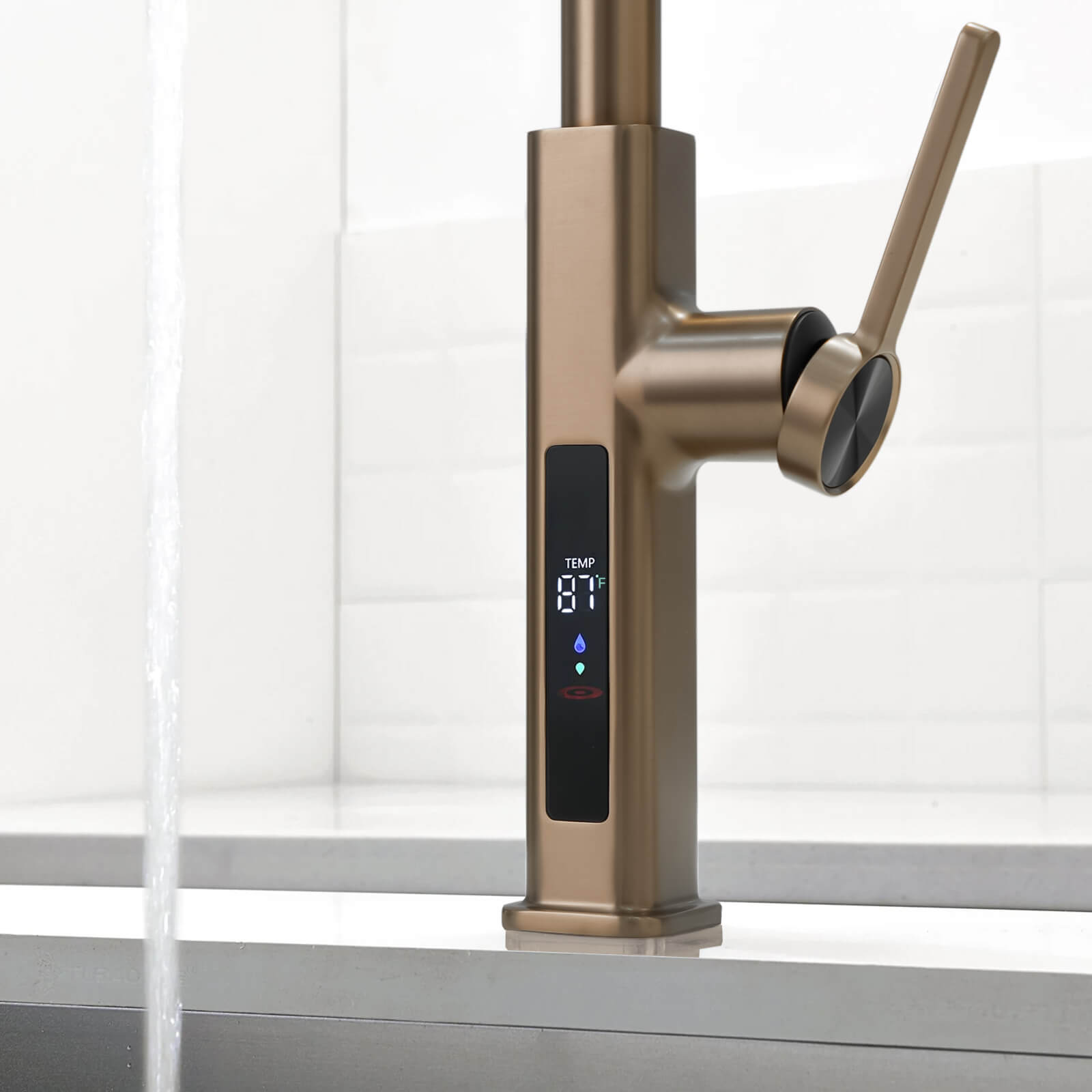 Recertified - Lefton Waterfall & Pull - Out Kitchen Faucet with Temperature Display - KF2209 - US - Kitchen Faucets - Lefton Home