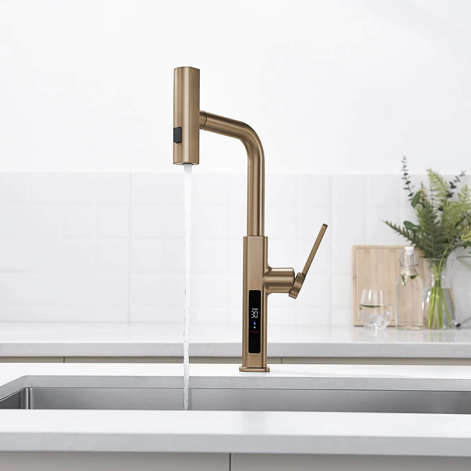 Recertified - Lefton Waterfall & Pull - Out Kitchen Faucet with Temperature Display - KF2209 - US - Kitchen Faucets - Lefton Home