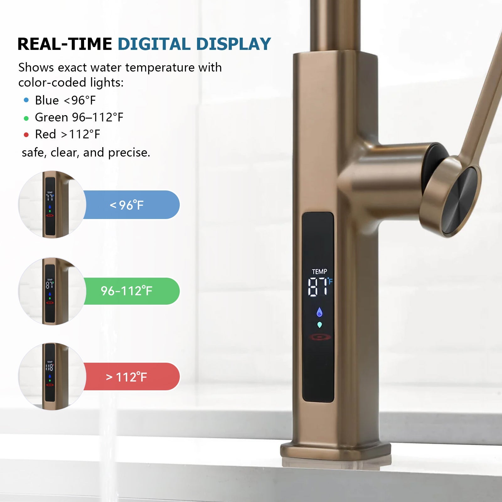 Lefton Waterfall & Pull - Out Kitchen Faucet with Temperature Display - KF2209 - Kitchen Faucets - Lefton Home