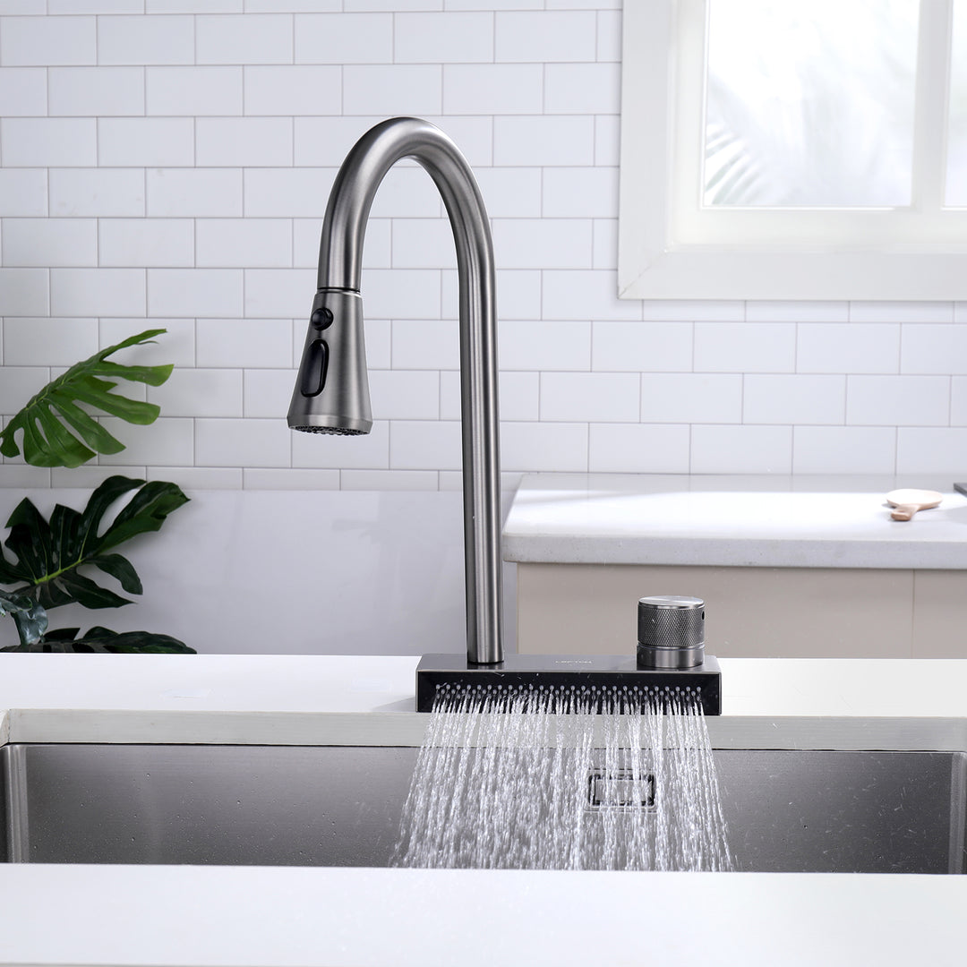 Waterfall Kitchen Sink Faucet with Pullout Sprayer Lefton Home