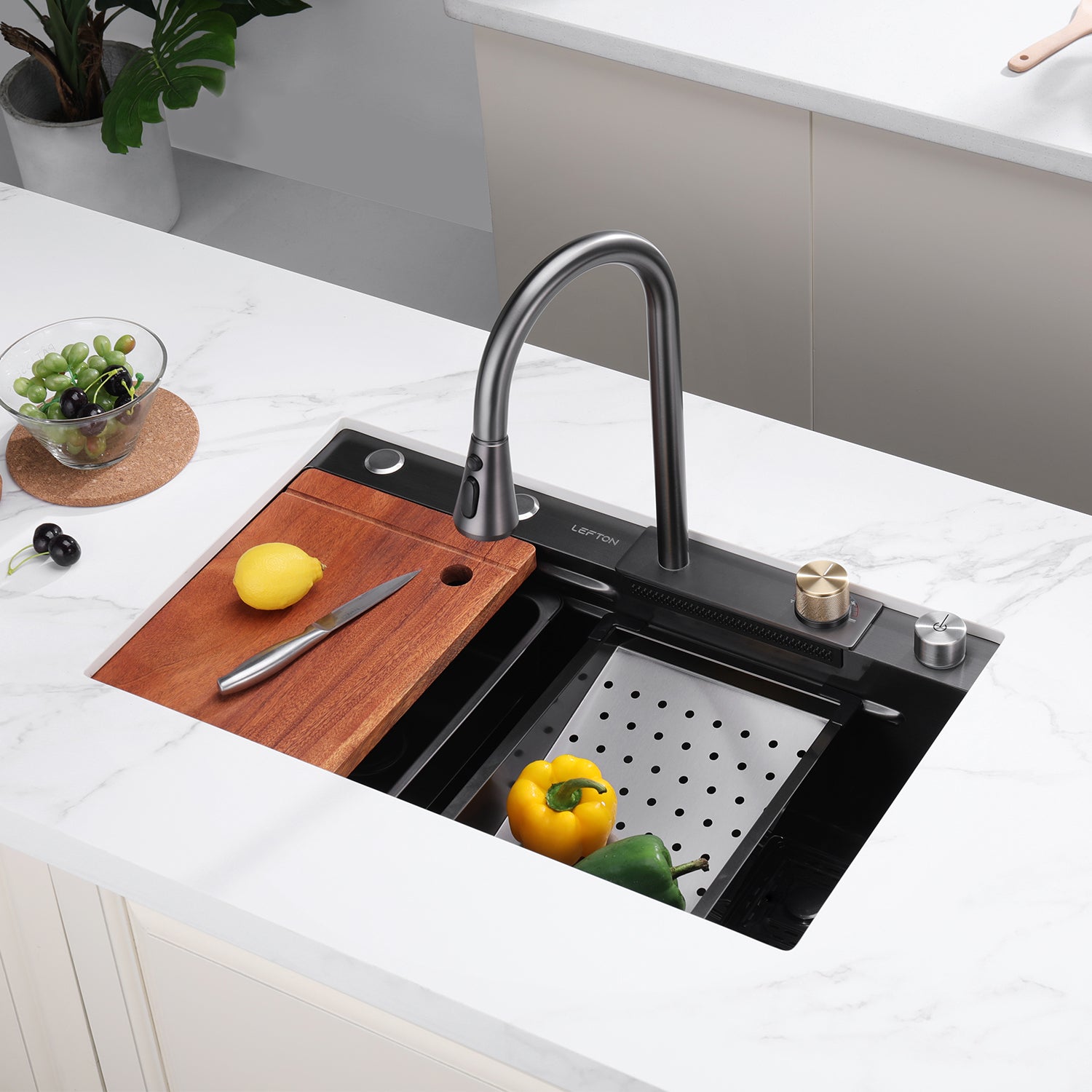 Lefton Single Bowl Workstation Kitchen Sink Set with Waterfall Faucet-KS2203