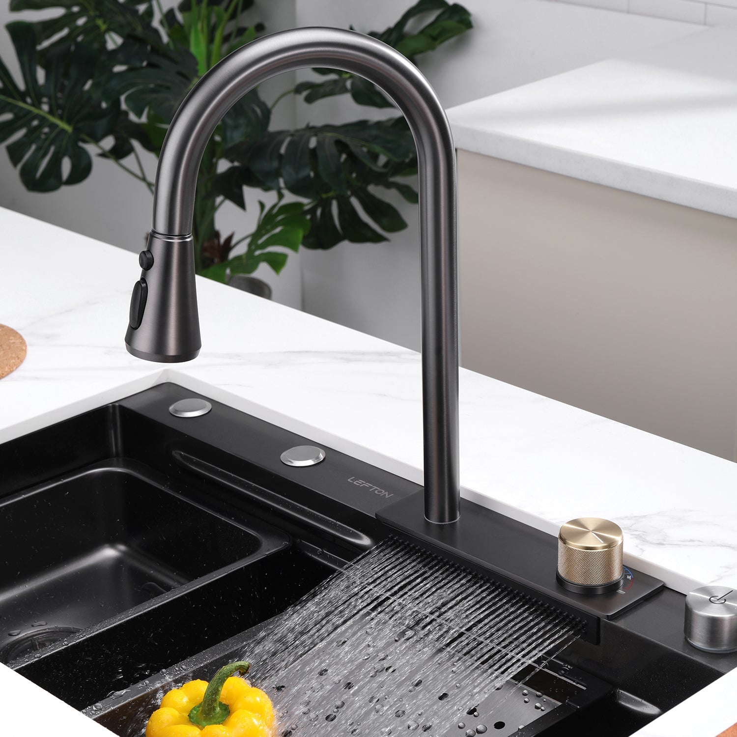 Lefton Single Bowl Workstation Kitchen Sink Set with Waterfall Faucet-KS2203 -Kitchen Sinks- Lefton Home