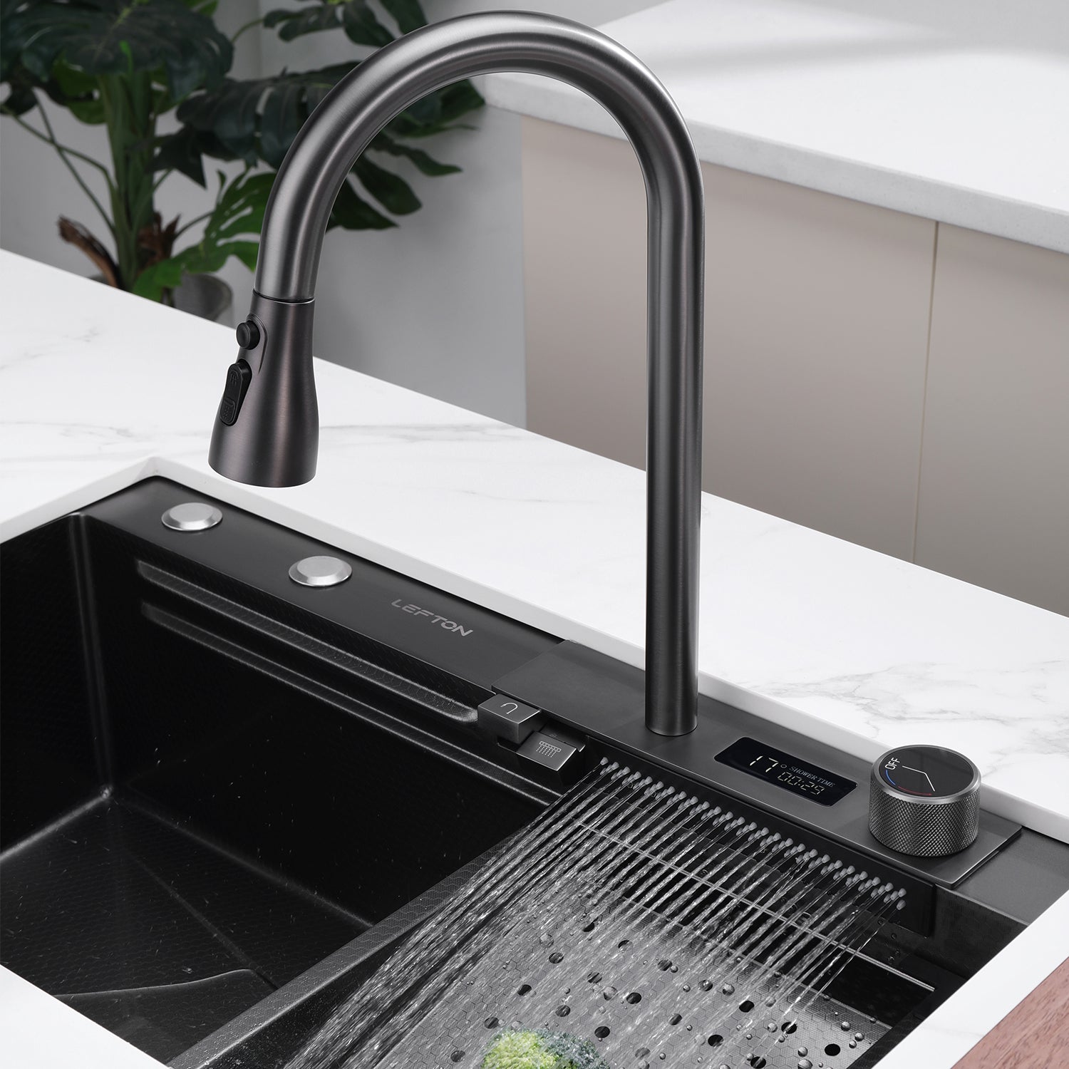Lefton Single Bowl Workstation Kitchen Sink Set With Digital Temperature Display Waterfall Faucet