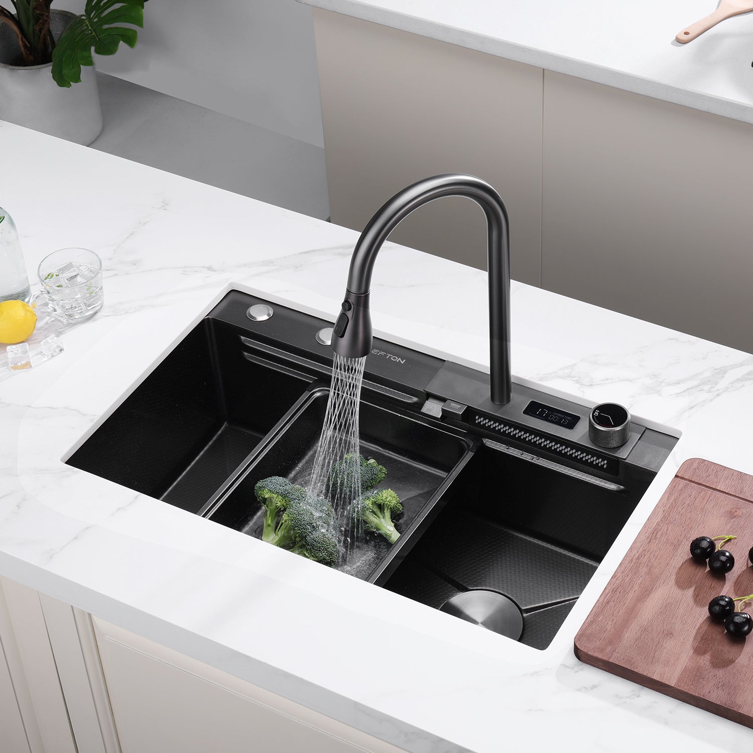 Lefton Single Bowl Workstation Kitchen Sink Set With Digital Temperature Display Waterfall Faucet KS2204 -Kitchen Sinks- Lefton Home