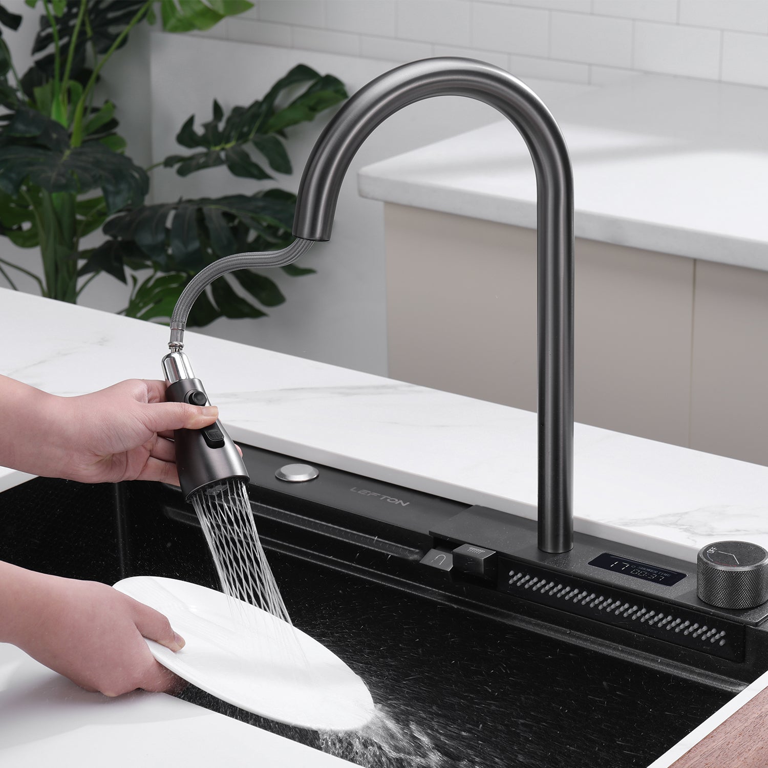 Lefton High Tech Single Bowl Workstation Kitchen Sink Set With Digital Temperature Display Waterfall Faucet
