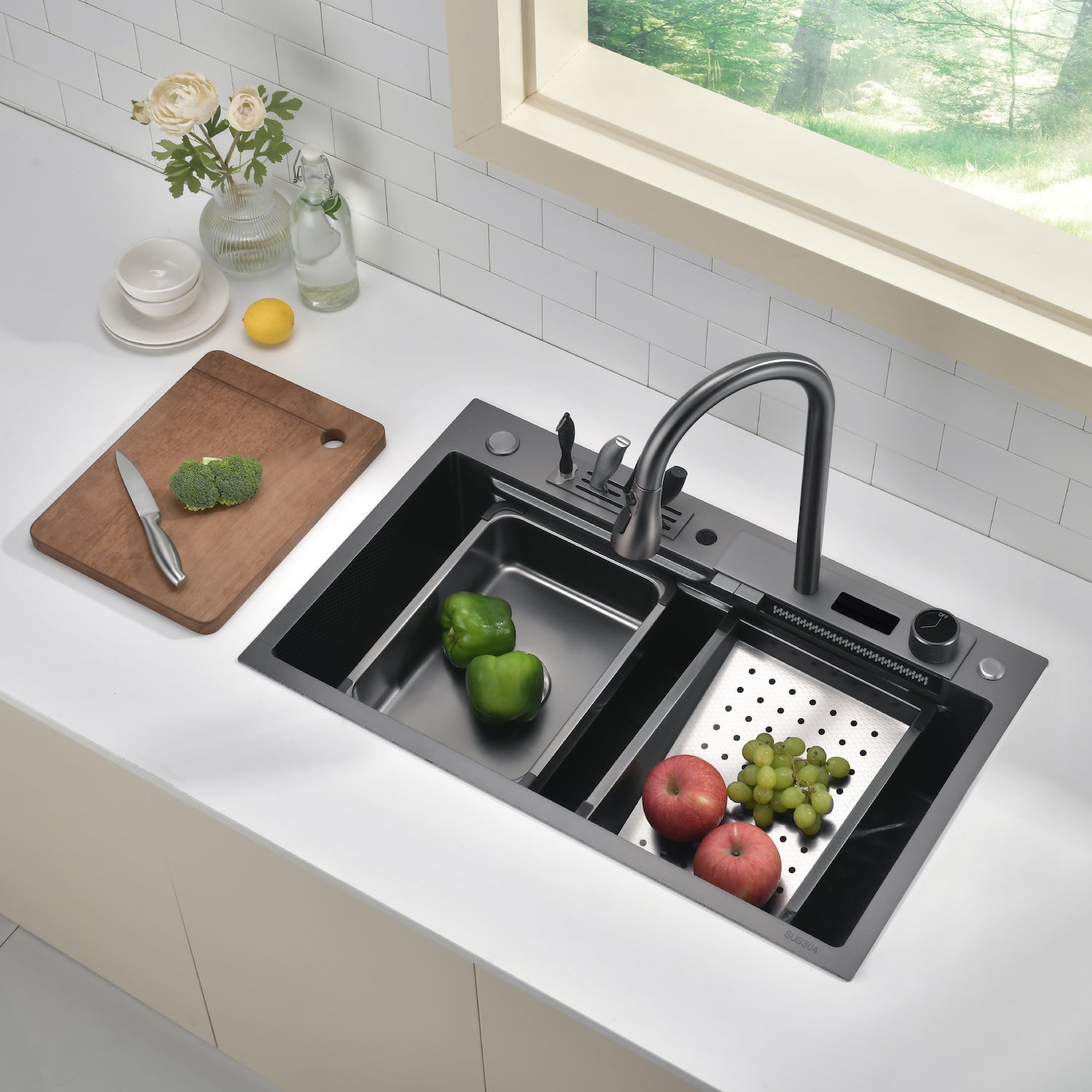 Lefton Stainless Steel Workstation Kitchen Sink Set With Digital Temperature Display Waterfall Faucet & Knife Holder