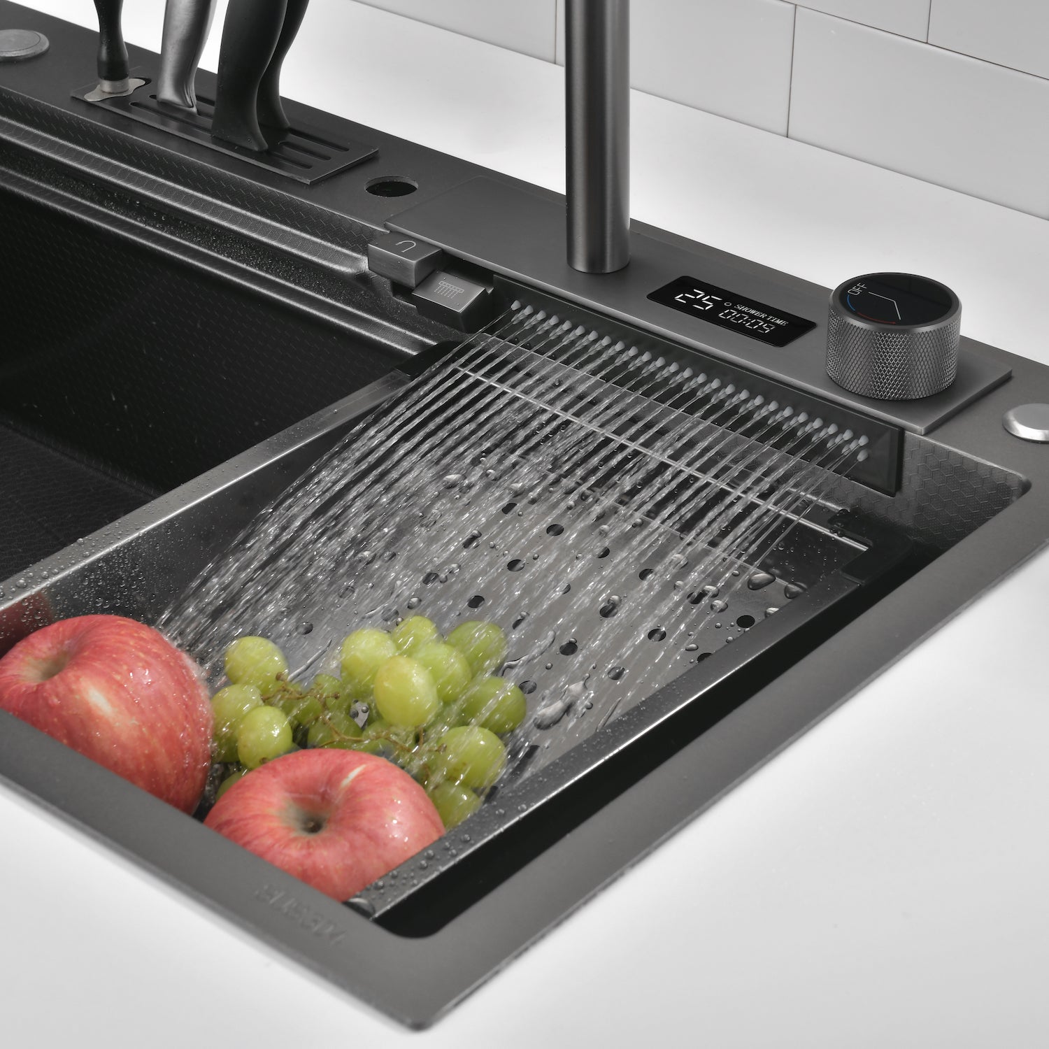 Lefton Single Bowl Workstation Kitchen Sink Set With Digital Temperature Display Waterfall Faucet & Knife Holder