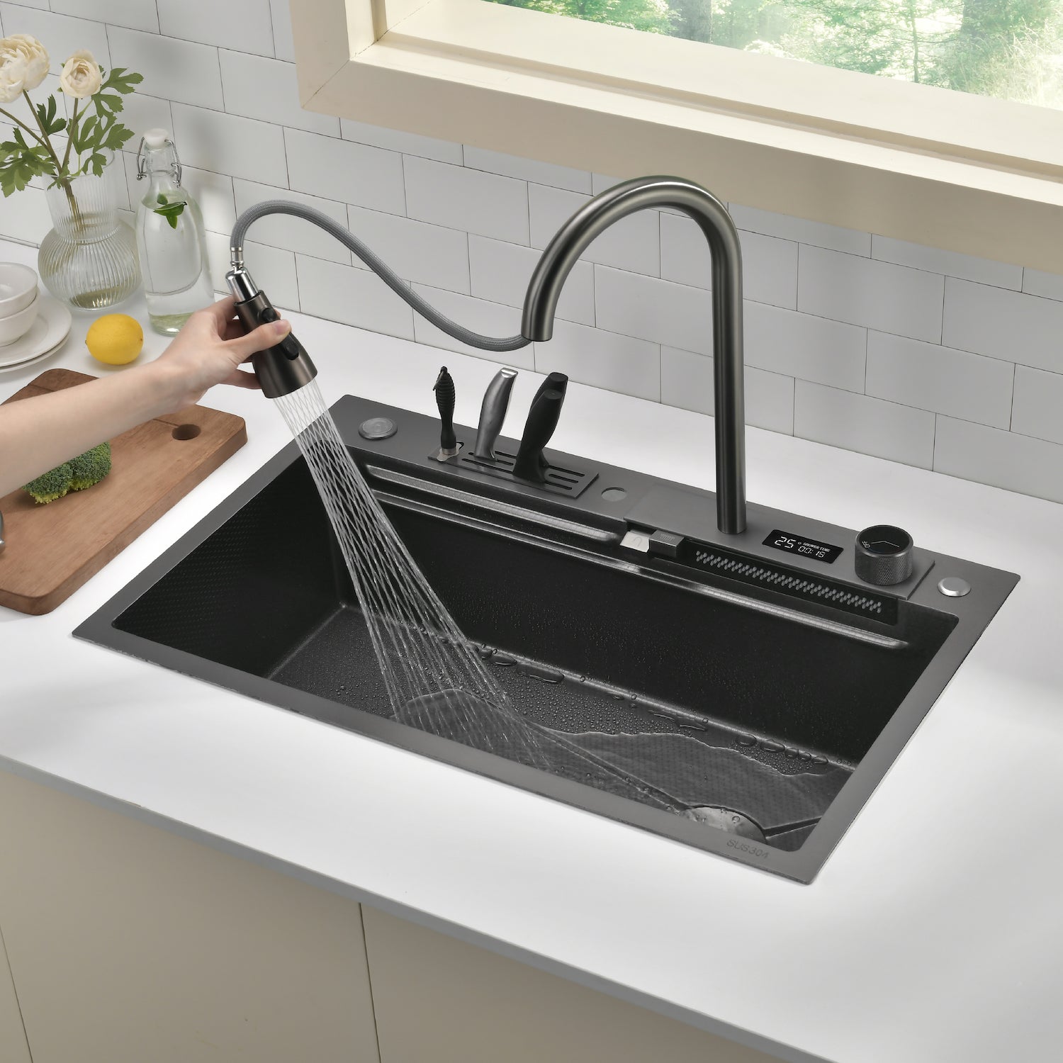 Lefton Single Bowl Workstation Kitchen Sink Set With Digital Temperature Display Waterfall Faucet & Knife Holder-KS2204 -Kitchen Sinks- Lefton Home