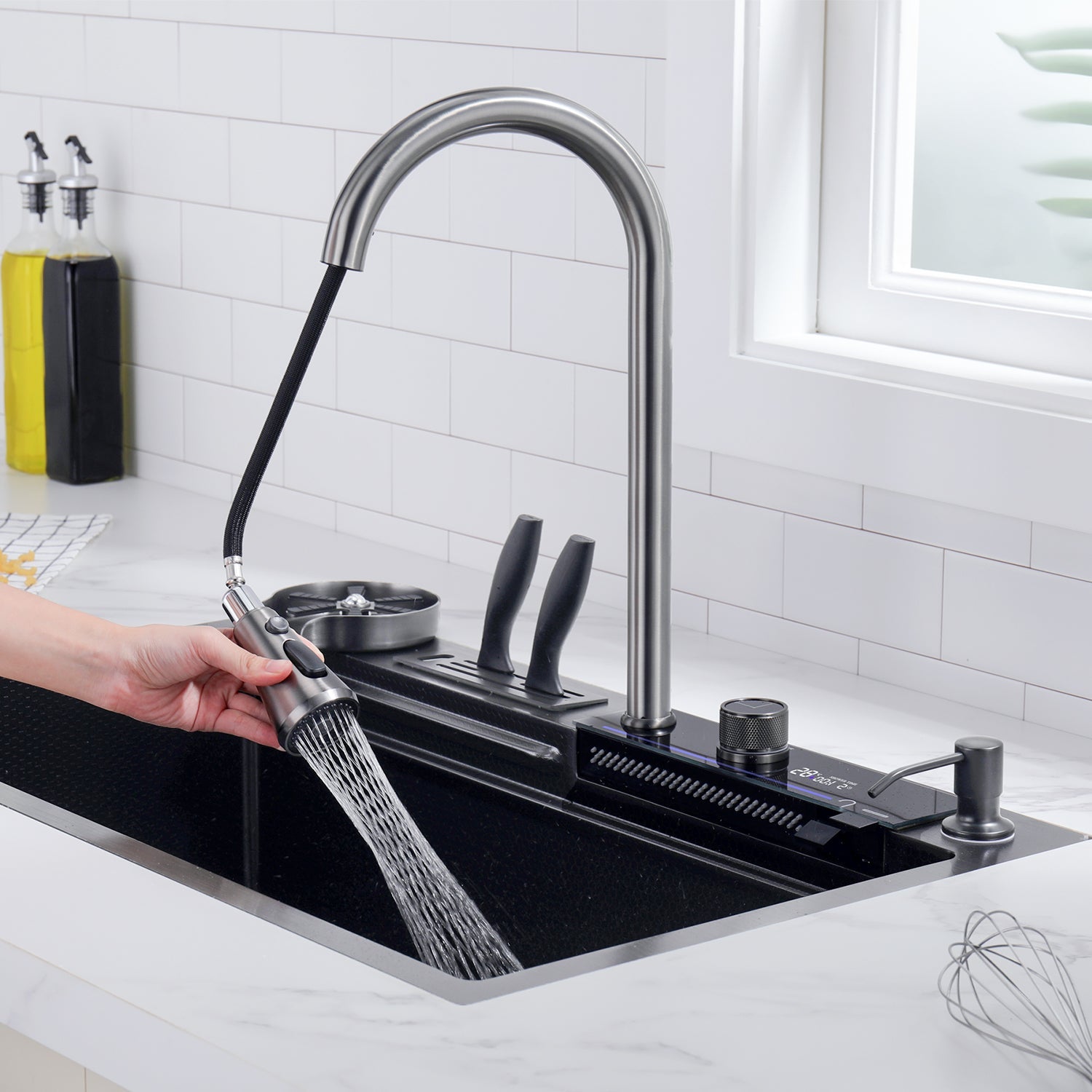Lefton Latest Waterfall Workstation Kitchen Sink Set with LED Lighting Temperature Display
