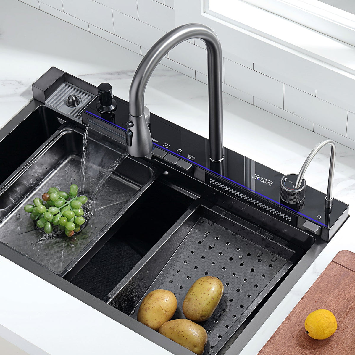 Lefton Two Waterfall Faucets Kitchen Sink with Digital Temperature Display & LED Lighting-KS2206 -Kitchen Sinks- Lefton Home