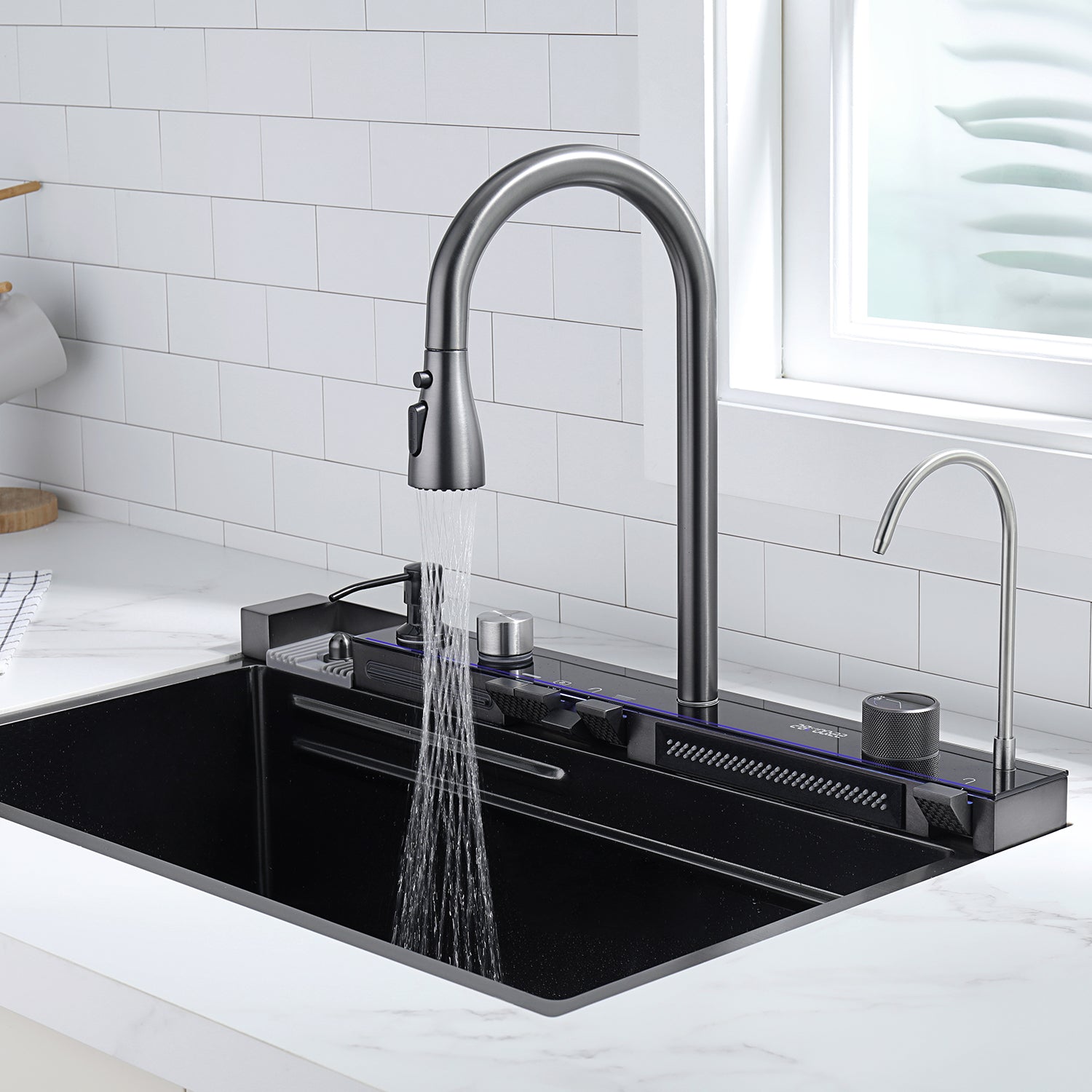 Lefton Two Waterfall Faucets Kitchen Sink with Digital Temperature Display & LED Lighting-KS2206 -Kitchen Sinks- Lefton Home